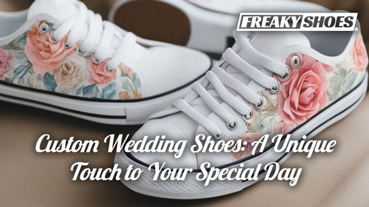 Freaky Shoes custom art sneakers with pink rose floral print, made to order for weddings