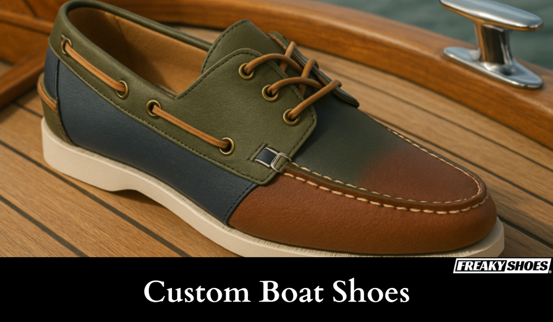 Freaky Shoes custom art sneakers in olive, navy, and tan boat shoe style, made to order