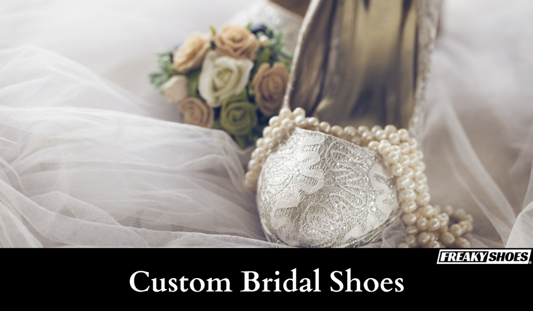 Freaky Shoes custom art sneakers with pearl embellishments and lace, made to order for bridal wear