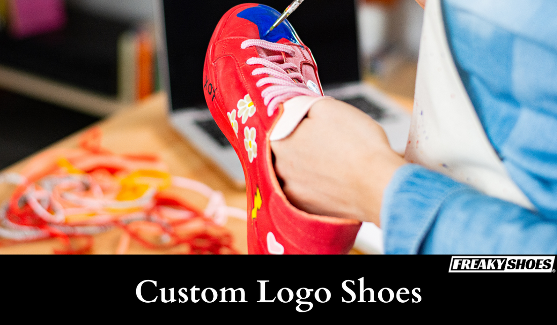 Freaky Shoes custom art sneakers with floral and heart designs, hand-painted in red with blue accents, made to order.