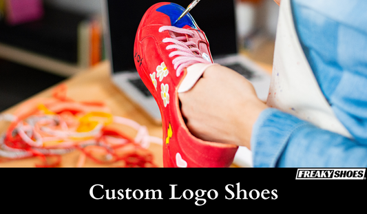 Freaky Shoes custom art sneakers with floral and heart designs, hand-painted in red with blue accents, made to order.