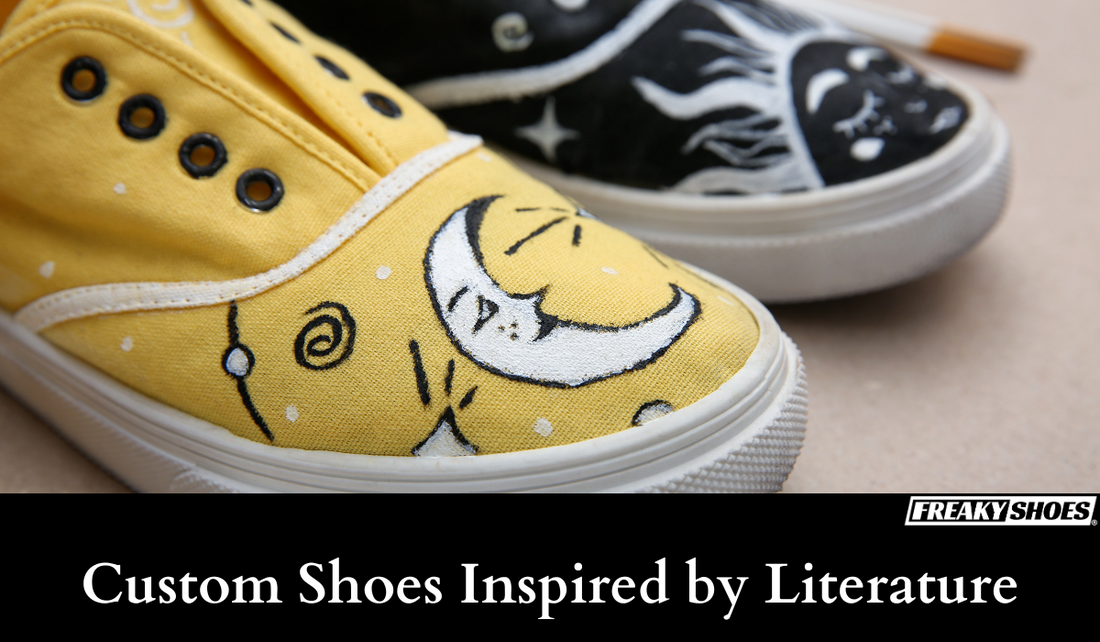Freaky Shoes custom art sneakers with hand-painted moon and stars, made to order wearable art