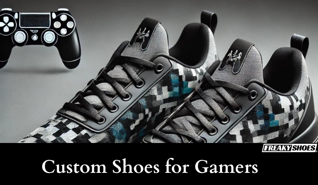 Freaky Shoes custom art sneakers with pixel camo pattern, made to order for gamers, paired with controller