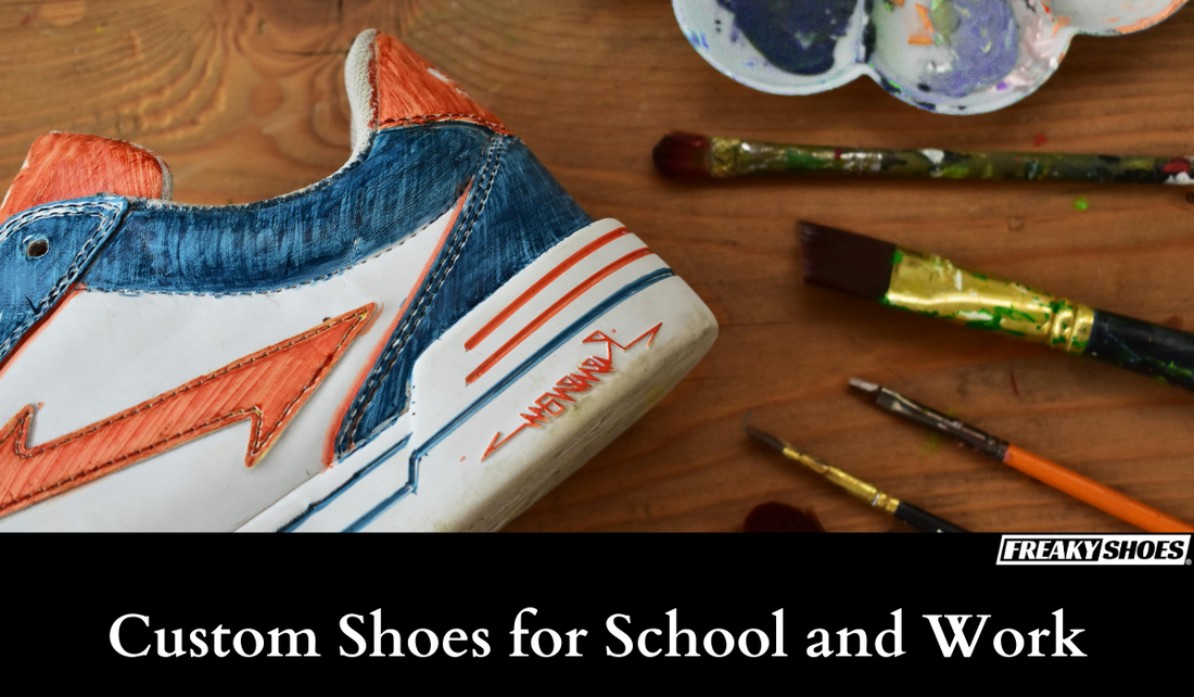Freaky Shoes custom art sneakers with hand-painted blue and orange design, made to order wearable art
