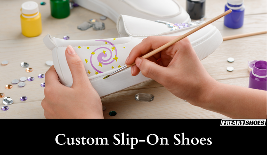 Freaky Shoes custom art sneakers with purple swirl and gold stars, hand-painted wearable art made to order