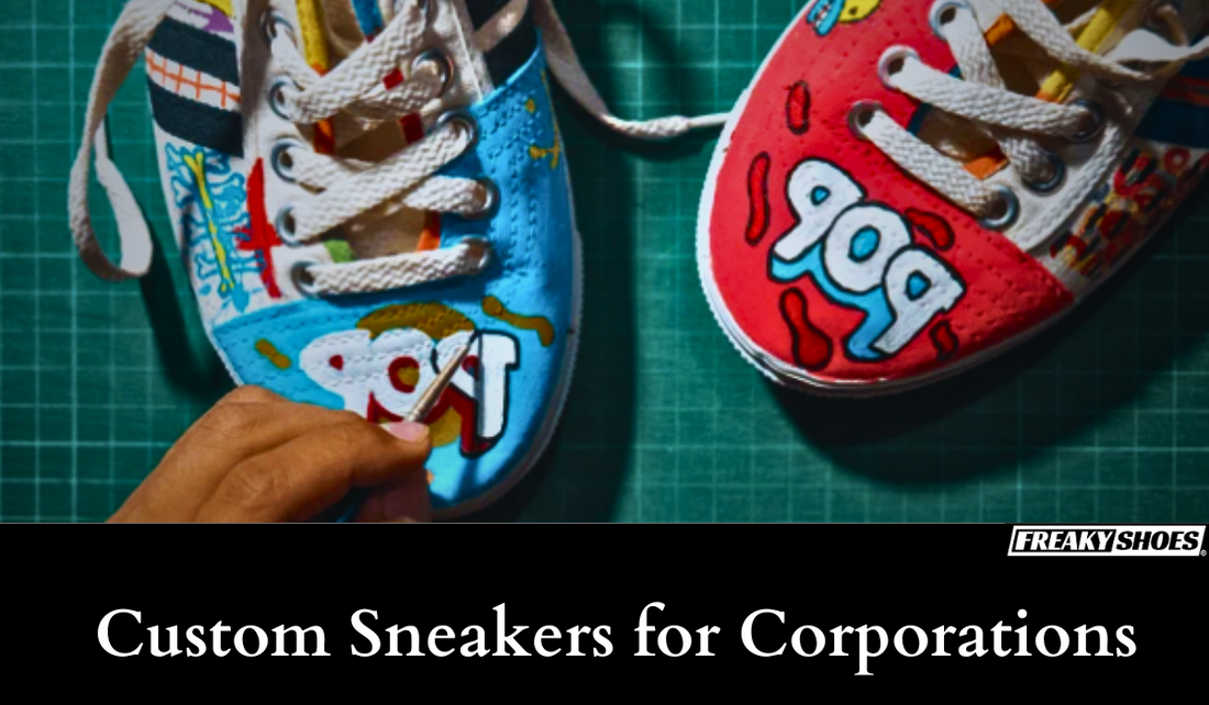 Freaky Shoes® custom art sneakers with vibrant pop graffiti lettering, hand-painted on canvas, made to order