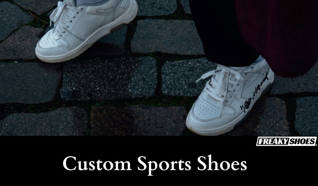 Freaky Shoes custom art sneakers with skull art, made to order, white design on cobblestone