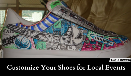 Freaky Shoes custom art sneakers with NYC subway, MET, and deli graffiti art, made to order wearable art