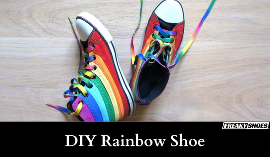Freaky Shoes rainbow stripe custom art sneakers, made to order wearable art with vibrant tie-dye laces
