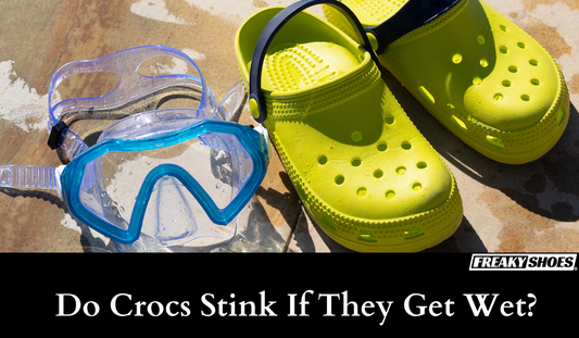 Freaky Shoes: Bright yellow Crocs clogs beside blue swim goggles on wet stone, not custom art sneakers.