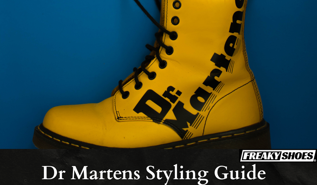 Freaky Shoes custom art sneakers: bold yellow Dr. Martens with black graphic lettering, made to order wearable art.