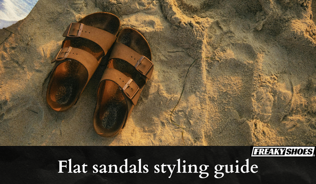 Freaky Shoes flat sandals styling guide on sandy beach, made to order wearable art