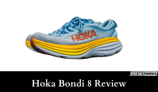 Freaky Shoes custom art sneakers: Hoka Bondi 8 review, light blue with bold yellow sole and orange logo