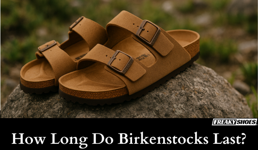 Freaky Shoes® custom art sneakers: tan Birkenstock-style sandals with buckle straps, displayed on a rock outdoors.
