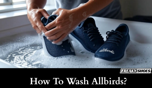 Freaky Shoes custom art sneakers being hand-washed in soapy water, showcasing durable design and care instructions.