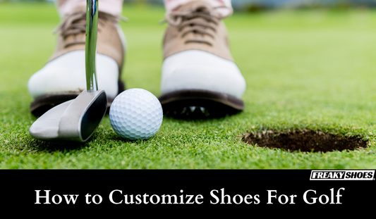 Freaky Shoes custom art sneakers on golf course, made to order wearable art with skull design