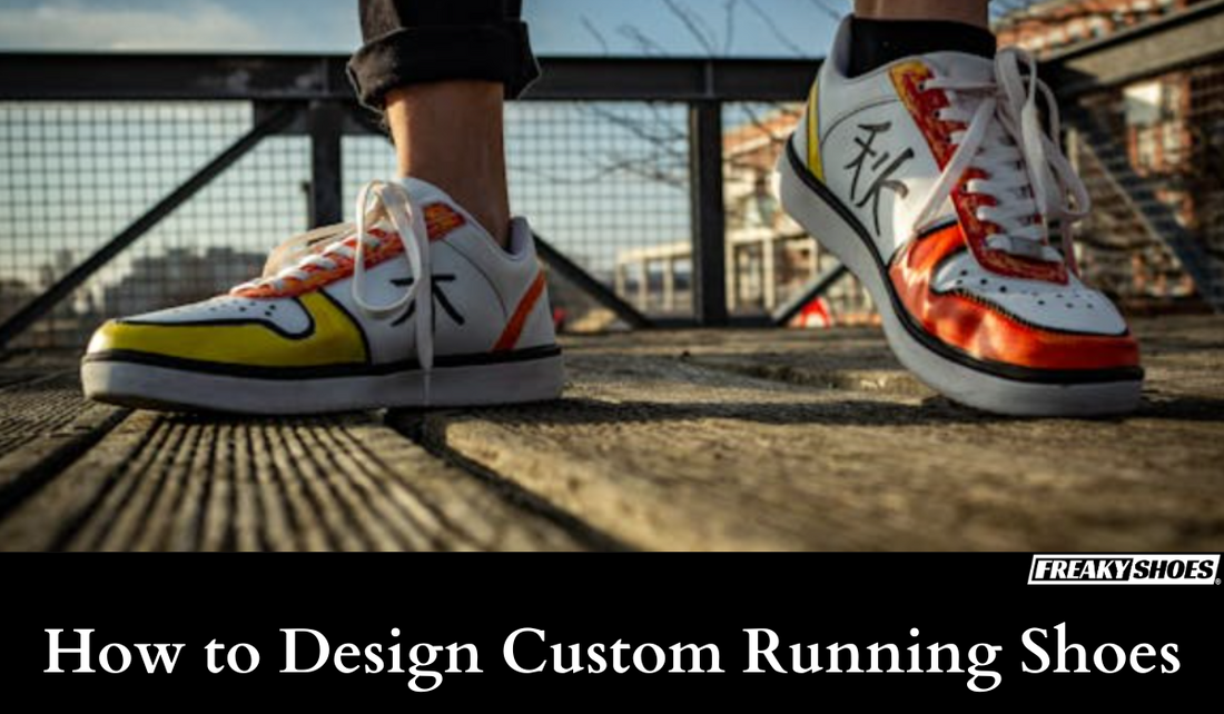 Freaky Shoes custom art sneakers with bold yellow, red, and black Japanese kanji design, made to order