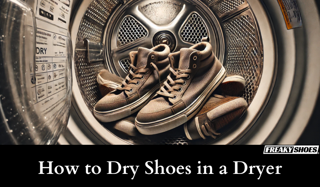 Freaky Shoes® custom art sneakers inside dryer, brown high-top canvas with white soles, made to order wearable art