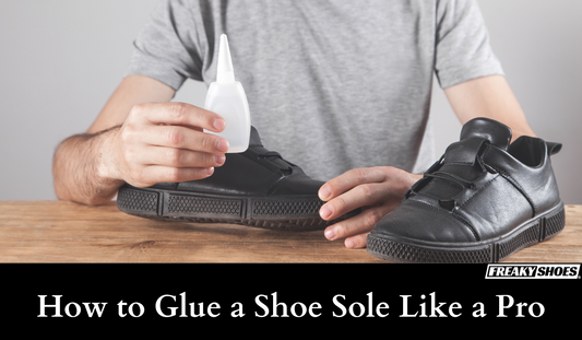 Freaky Shoes custom art sneakers being repaired with glue, showcasing durable black leather design