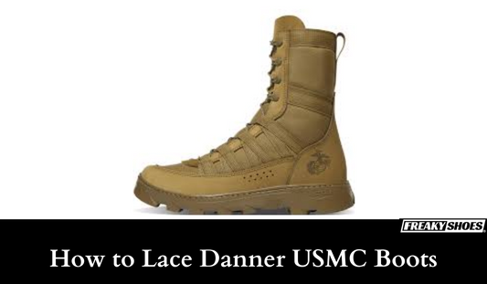 Freaky Shoes custom art sneakers: tan tactical boot with USMC emblem, made to order wearable art