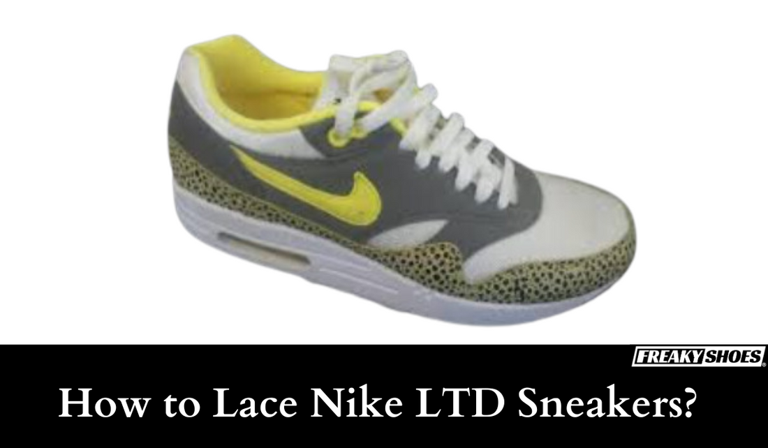 Freaky Shoes custom art sneakers with yellow Nike swoosh, grey panels, and animal print accents, made to order