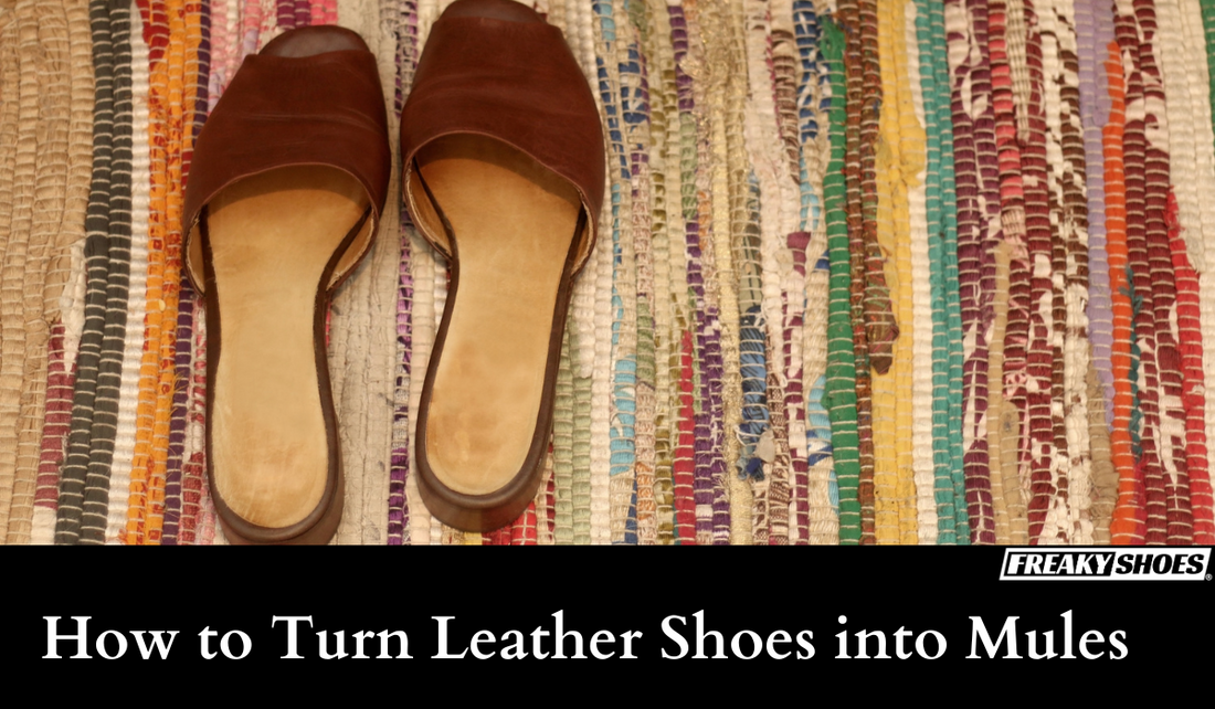 Freaky Shoes custom art sneakers: brown leather mules on colorful woven rug, made to order wearable art