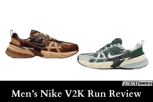 Freaky Shoes custom art sneakers: brown and green Nike V2K Run styles, made to order wearable art