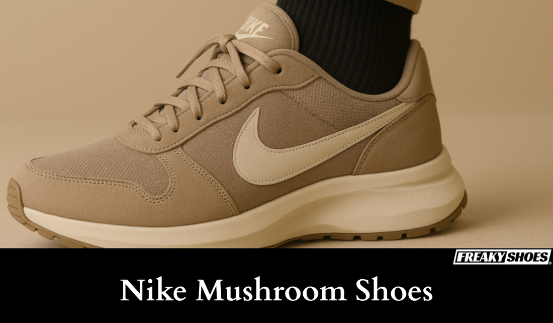 Freaky Shoes custom art sneakers featuring mushroom-colored Nike design, made to order wearable art