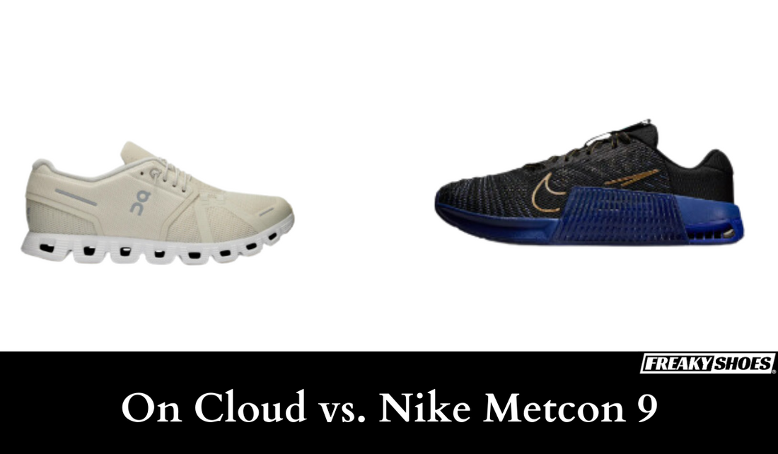 Freaky Shoes custom art sneakers: On Cloud vs Nike Metcon 9 comparison, made to order wearable art