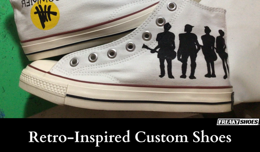 Freaky Shoes retro-inspired custom art sneakers with black band silhouette on white canvas, made to order