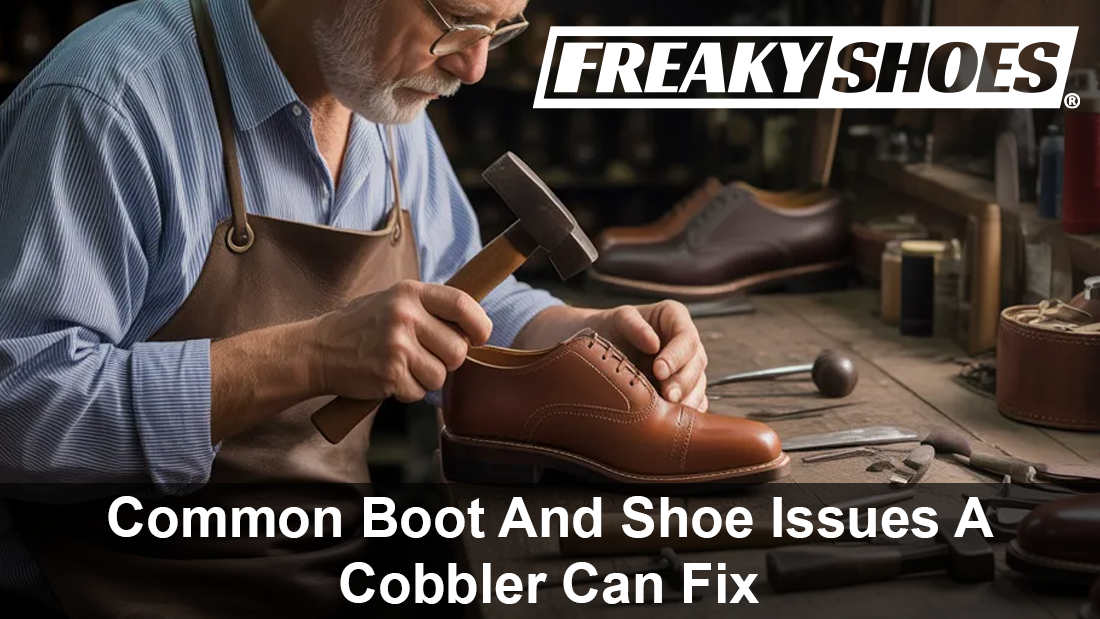 Freaky Shoes custom art sneakers: artisan crafting brown leather shoe with hammer, made to order
