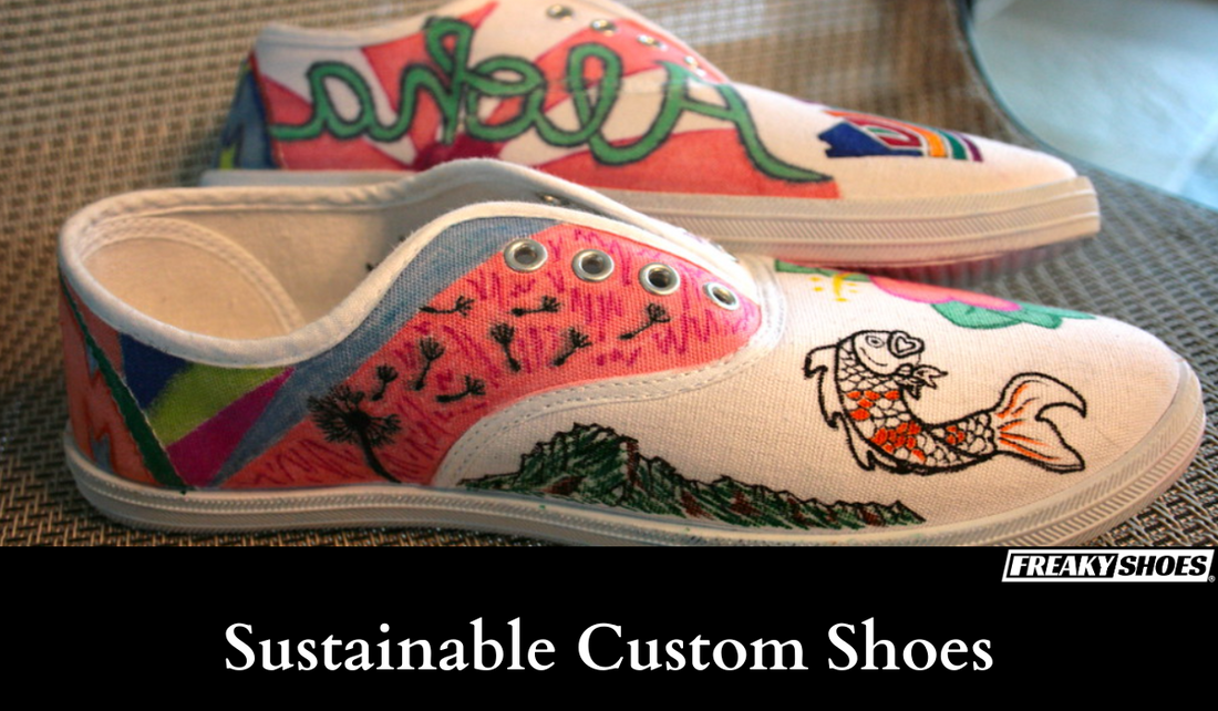 Freaky Shoes custom art sneakers with koi fish, dandelions, and vibrant colors, made to order