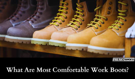 Freaky Shoes custom art sneakers: tan boots with yellow laces, made to order wearable art
