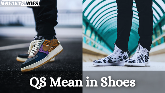Freaky Shoes custom art sneakers: one with tiger stripe & purple skull art, another with black palm tree print, both made to order.