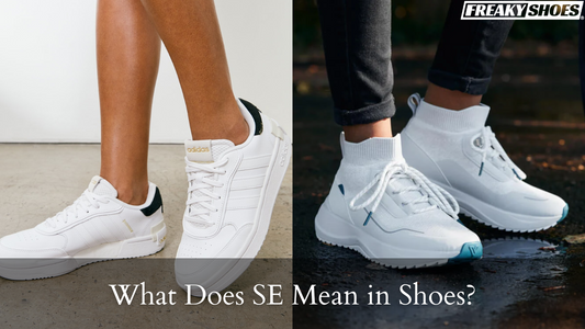 Freaky Shoes custom art sneakers: white low-top with gold accents and sock-style high-top with teal details, made to order