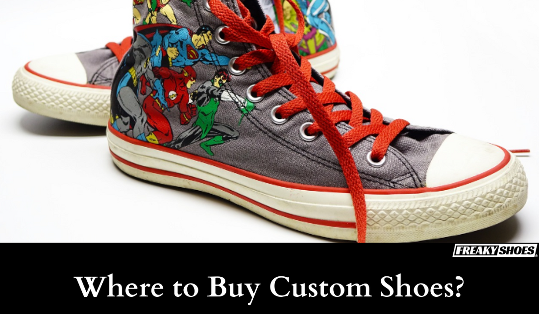 Freaky Shoes custom art sneakers with comic superhero print, red laces, made to order wearable art