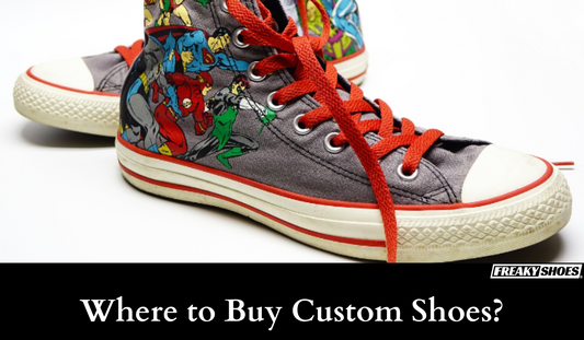 Freaky Shoes custom art sneakers with comic superhero print, red laces, made to order wearable art
