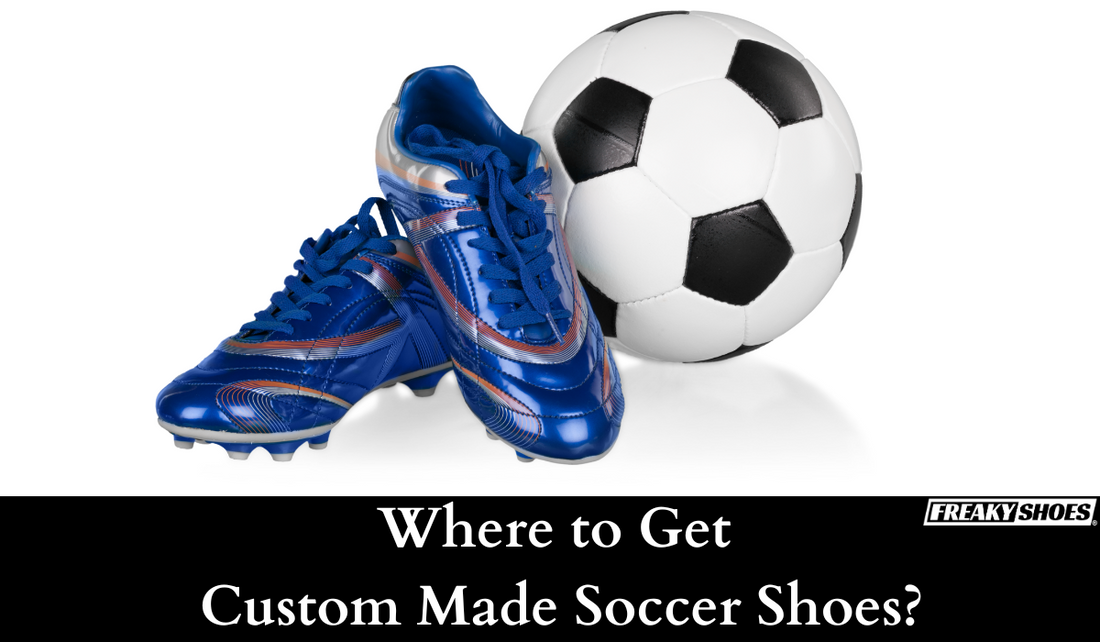 Freaky Shoes custom art sneakers with blue and orange swirls, made to order, beside a soccer ball