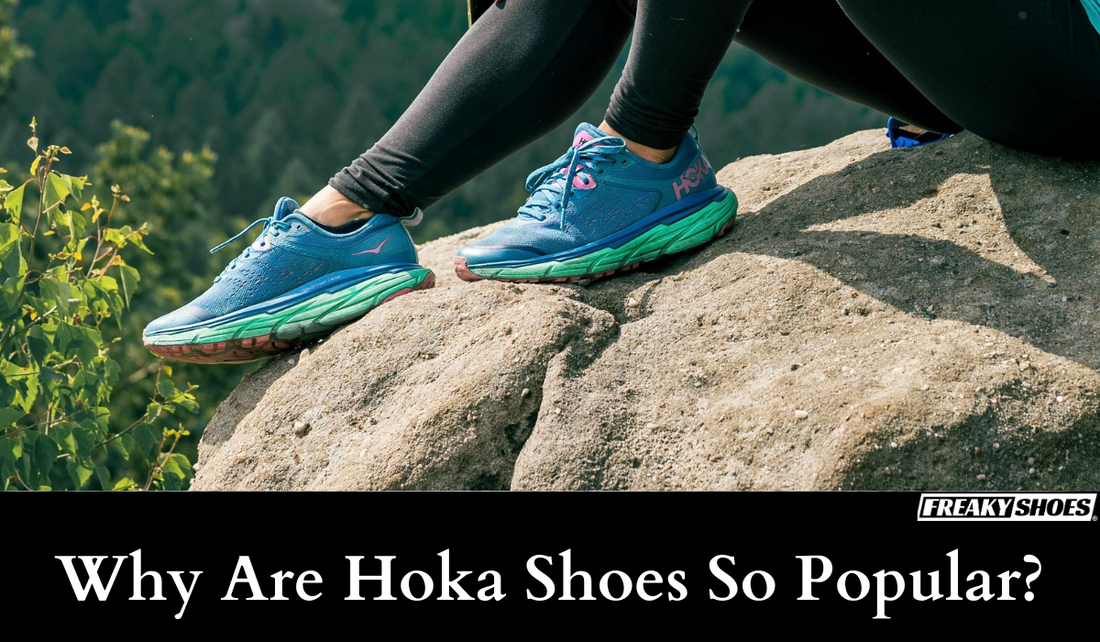Freaky Shoes custom art sneakers with vibrant blue and green Hoka-style design, made to order for outdoor adventures.