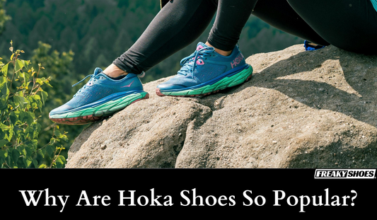 Freaky Shoes custom art sneakers with vibrant blue and green Hoka-style design, made to order for outdoor adventures.