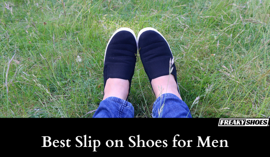 Freaky Shoes custom art sneakers: black slip-ons with white soles, worn on grass, made to order wearable art.