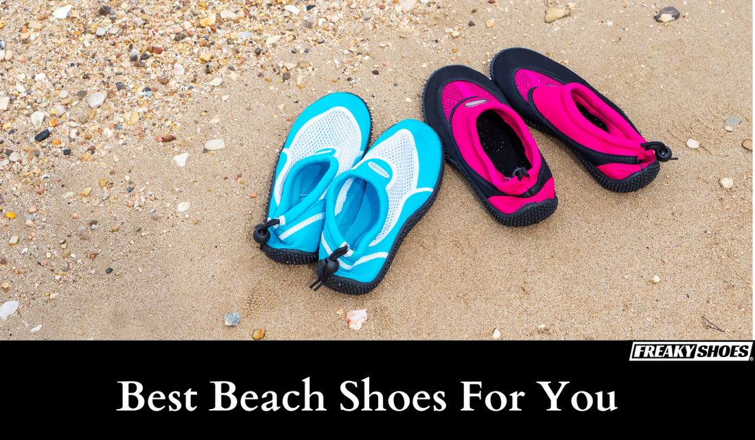 Freaky Shoes custom art sneakers in blue and pink, made to order beach footwear on sandy shore