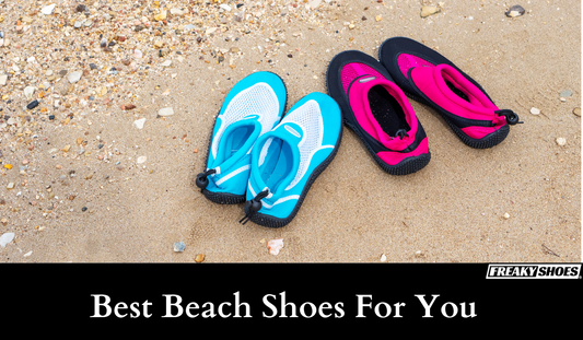 Freaky Shoes custom art sneakers in blue and pink, made to order beach footwear on sandy shore