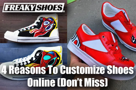 Freaky Shoes custom art sneakers with bold skull designs in red, black, and white, made to order