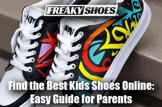 Freaky Shoes custom art sneakers with vibrant graffiti-style skull art, made to order for kids