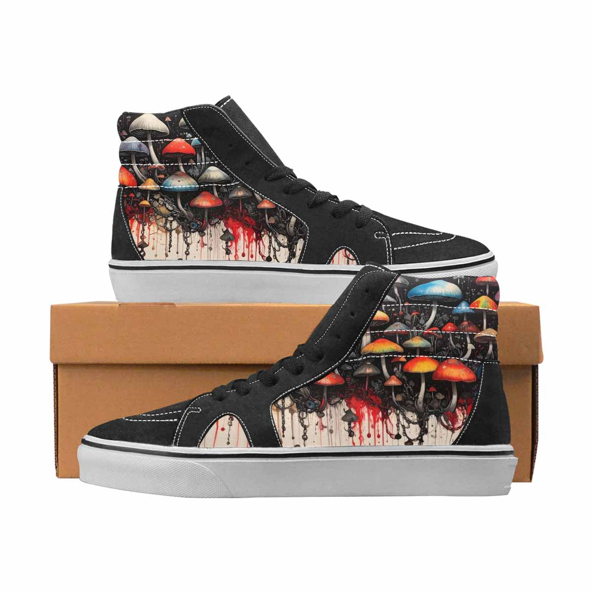 WOMEN'S Mushrooms Black & Red Ink High Top Canvas One Of A Kind Aesthetic Sneakers