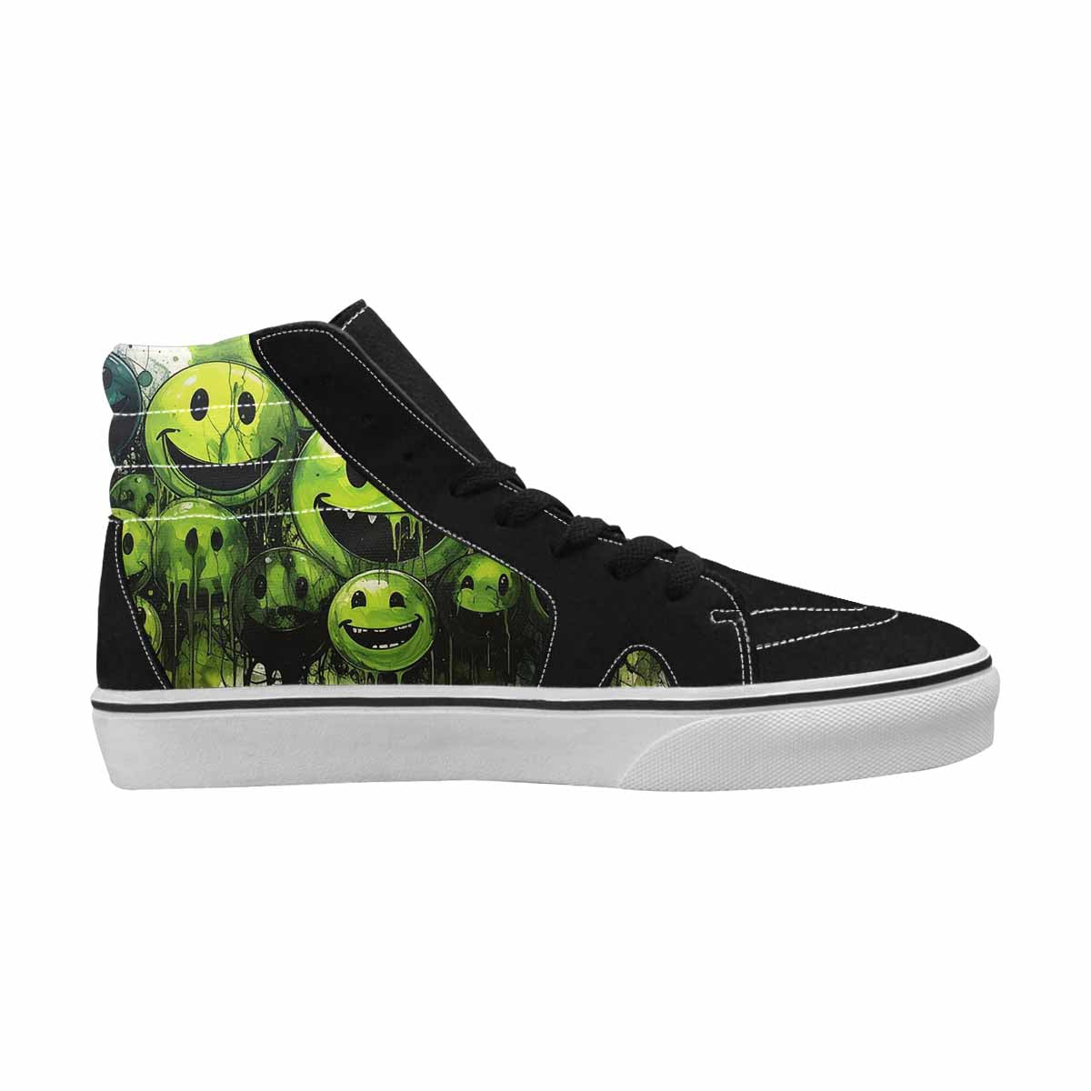 WOMEN'S Smiley Face Black & Green Ink High Top Canvas Streetwear Cottagecore Shoes