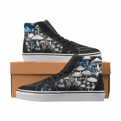 WOMEN'S Mushrooms Black & Blue Ink High Top Canvas Unique Print Vivid Original Art Sneakers