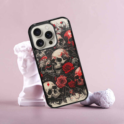 iPhone 16 Pro Case — Skull And Roses Black Red Ink, Custom Designed Case Cover