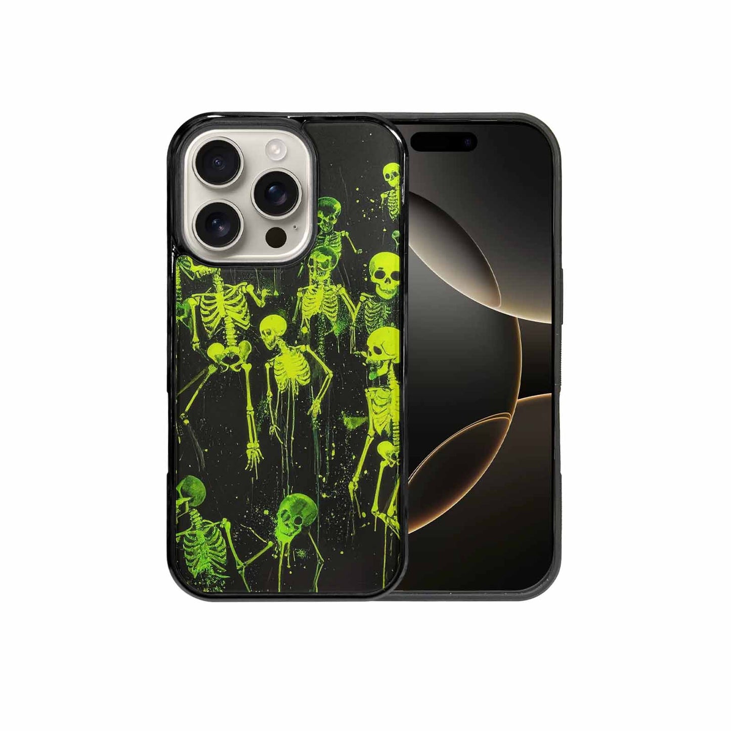 iPhone 16 Pro Case — Skeletons Neon Green Glow Skeletons Pattern, Custom Print Case Cover